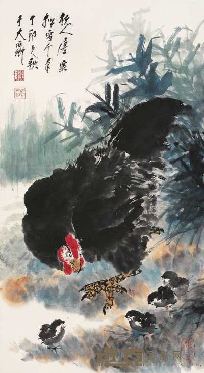 唐云 丁卯（1987）年作 群鸡 镜心 96×52.5cm